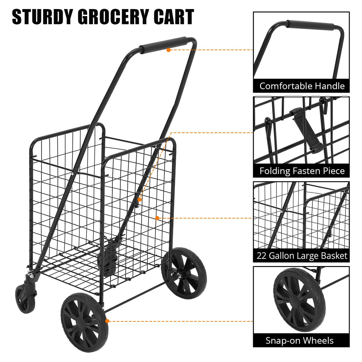 Chariot de courses pliable Garvee, capacité de 50 kg, roues pivotantes à 360°, panier de 83 litres, acier allié, léger, idéal pour les courses et les pique-niques, pliable, gris