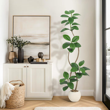 Garvee Arbre artificiel chêne vert 180 cm, pot crème, feuilles réalistes, base stable, résistant aux UV, décoration intérieure bureau