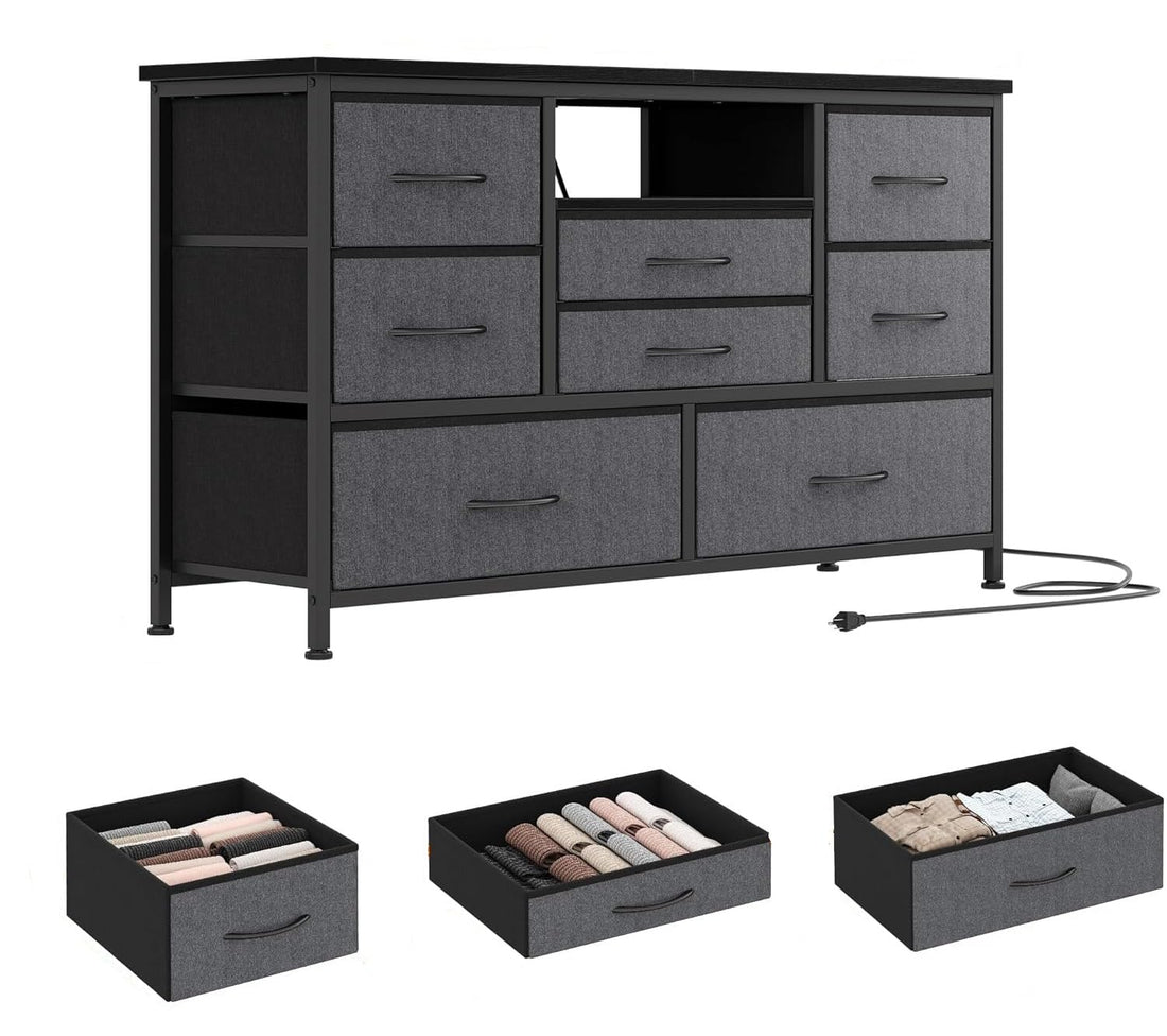 Commode Garvee à 8 tiroirs, structure en métal, éclairage LED, 3 prises électriques, 2 ports USB, idéale pour la chambre et le salon, 121 x 37 x 76 cm, grise.