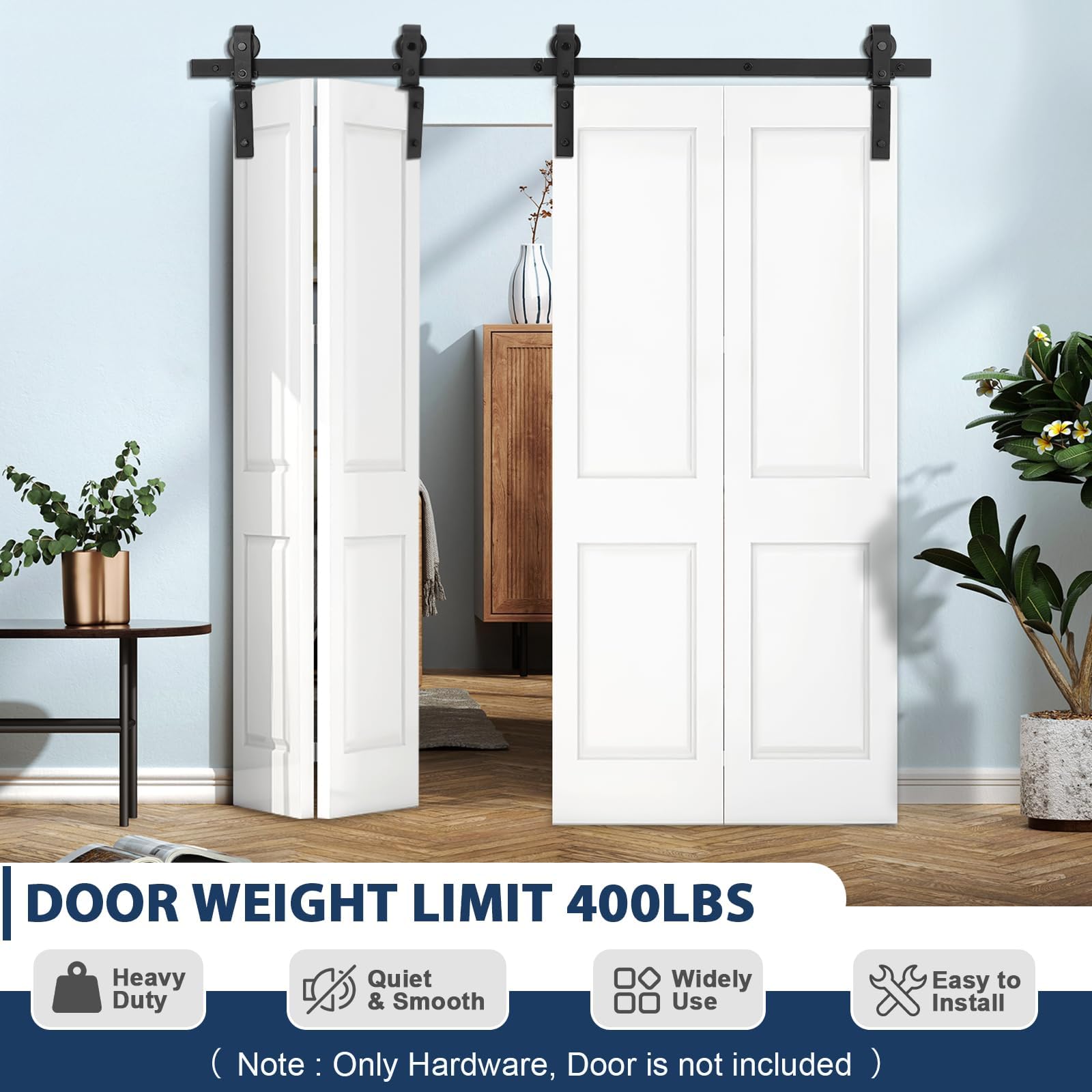 Ensemble de quincaillerie Garvee pour portes coulissantes pliantes 60 po (152 cm) pour 4 portes, robuste, silencieux, noir, salon et salle à manger, gain de place