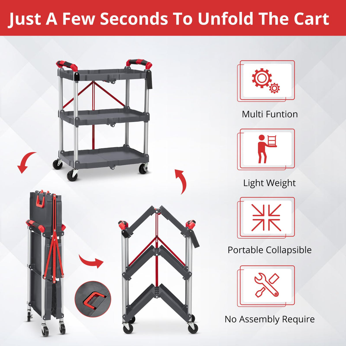 Garvee Chariot de service pliable à 3 niveaux - structure légère en aluminium, capacité de charge de 25 kg, gris