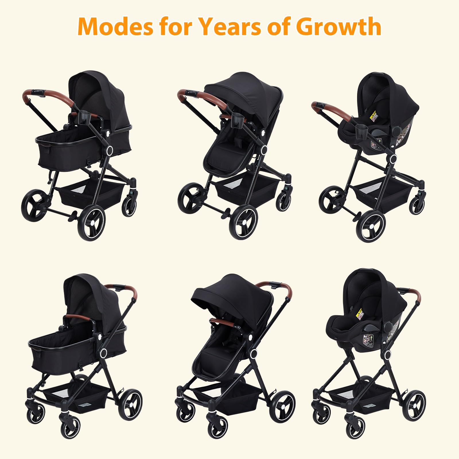 Poussette combinée 3 en 1 Garvee, ensemble complet avec nacelle, landau et siège auto pour enfants de 0 à 22 kg, coloris noir.