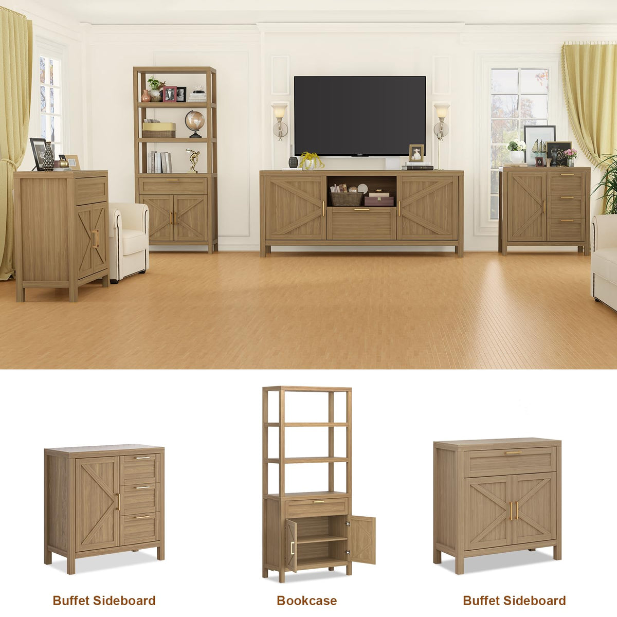 Garvee buffet avec espace de rangement, étagères réglables, MDF et bois massif, style campagne moderne, couleur or, idéal pour le salon et la cuisine