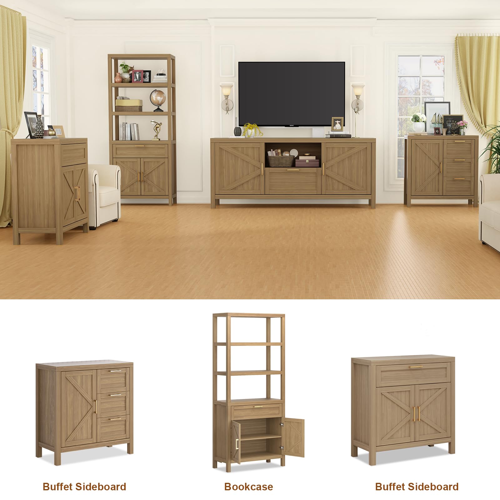 Buffet Garvee avec rangement, style campagne moderne, 2 portes, étagère réglable, MDF P2, poignées dorées, salon, cuisine, 87 cm L x 90 cm H, couleur bois