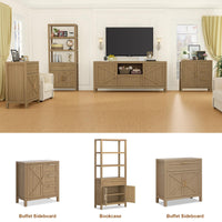Buffet Garvee avec rangement, style campagne moderne, 2 portes, étagère réglable, MDF P2, poignées dorées, salon, cuisine, 87 cm L x 90 cm H, couleur bois