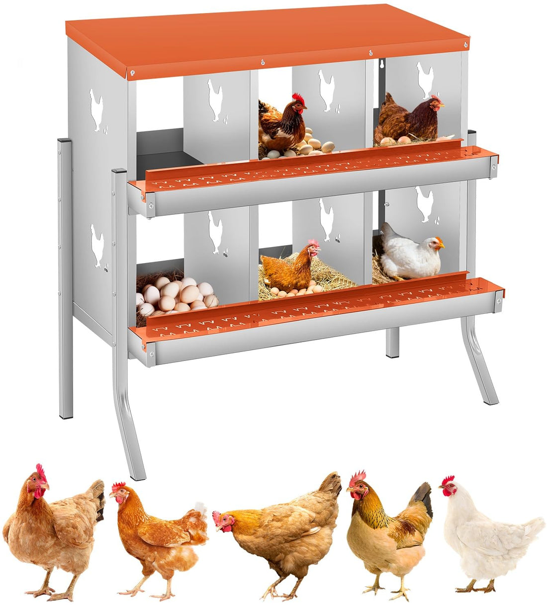 Nichoir Garvee pour poules, 6 compartiments, acier galvanisé, système à roulettes, fixation murale, pour élevages avicoles, larges ouvertures de ventilation, facile à nettoyer