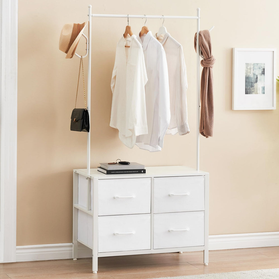 Portant à vêtements Garvee à 4 tiroirs, structure en métal et plateau en bois, pour chambre et couloir, blanc, robuste et polyvalent