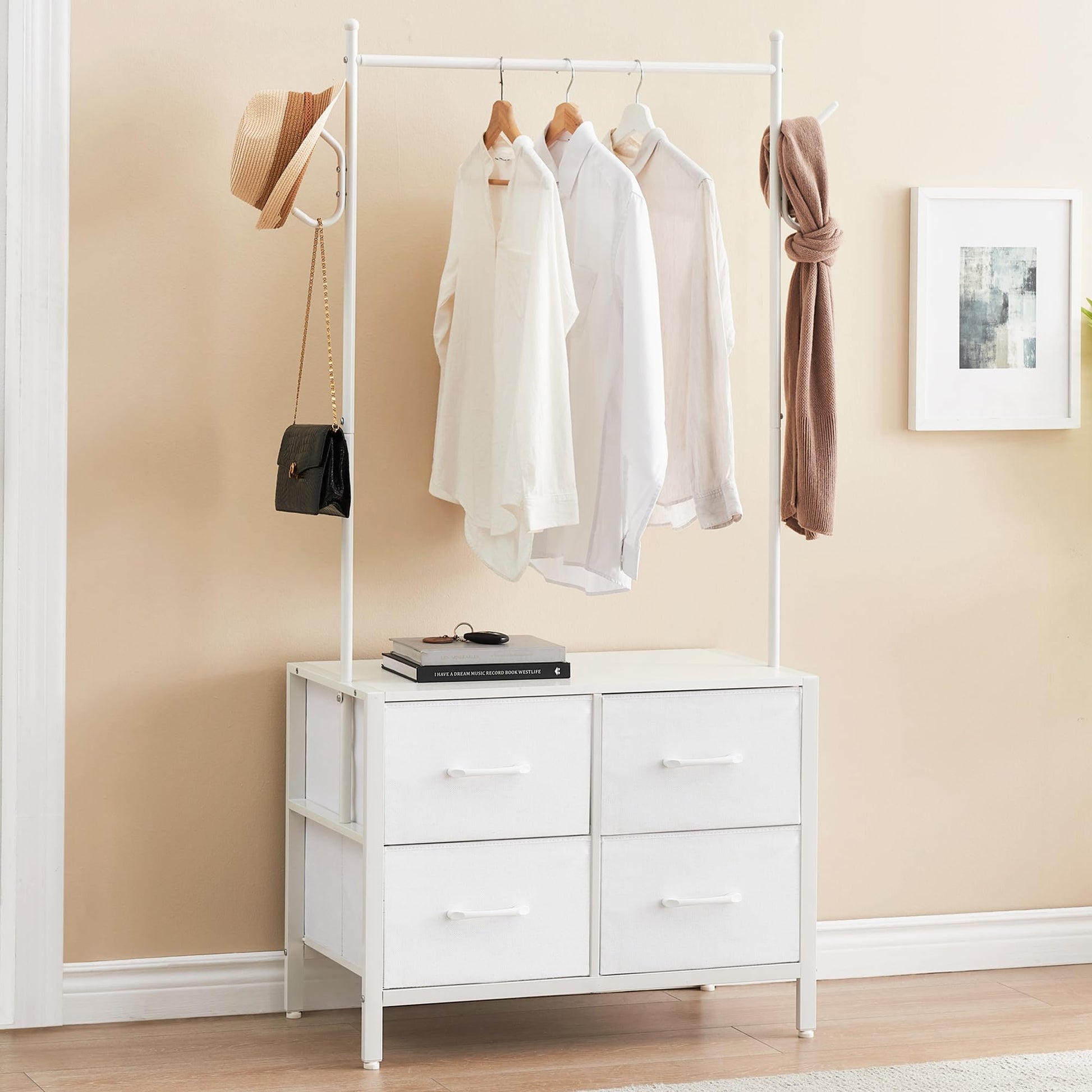 Portant à vêtements Garvee à 4 tiroirs, structure en métal et plateau en bois, pour chambre et couloir, blanc, robuste et polyvalent