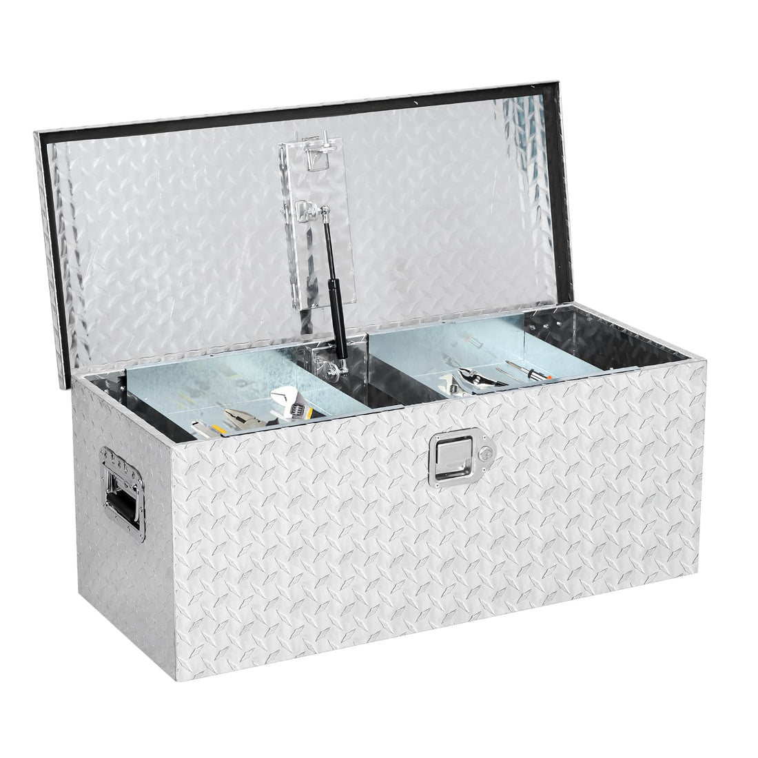 Coffre à outils Garvee en aluminium pour camionnette, camping-car, remorque : étanche, verrouillable, robuste, avec vérin à gaz et poignées latérales.