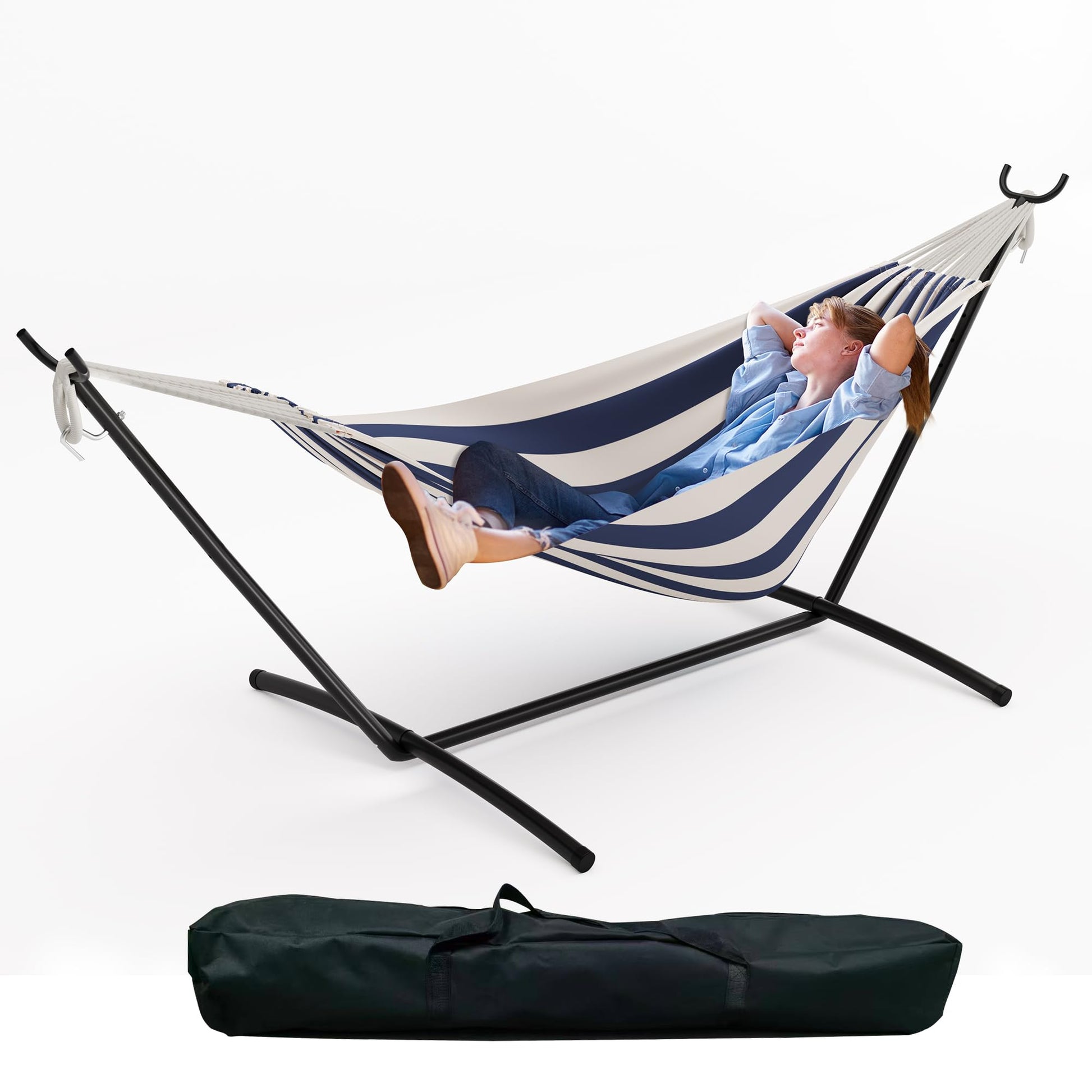Hamac double Garvee avec structure en acier, en coton confortable, portable, à rayures bleues et blanches, pour une utilisation intérieure et extérieure, capacité de charge de 204 kg