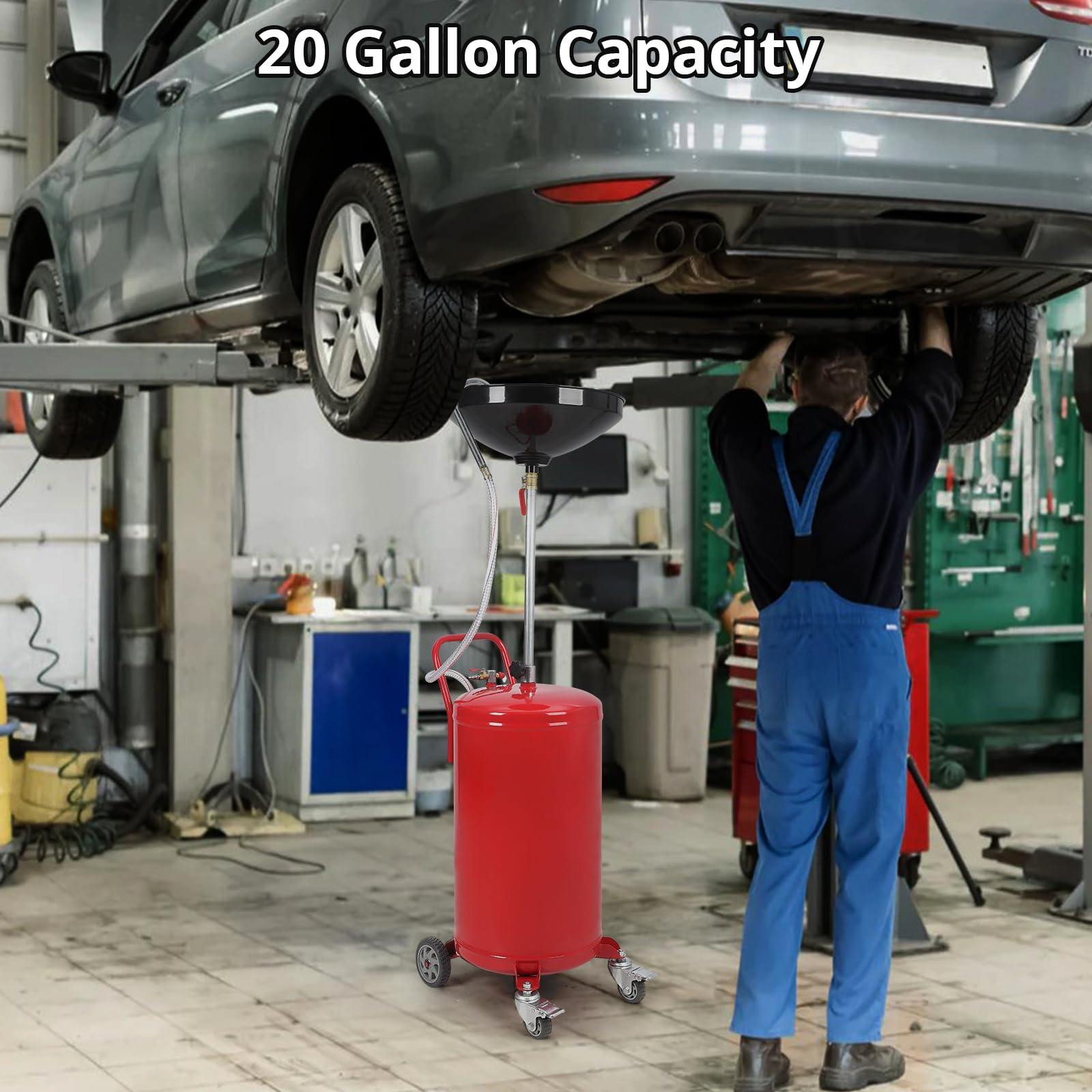 Bac de vidange d'huile Garvee de 75 litres (20 gallons) avec réglage en hauteur, pneumatique, robuste et équipé de roues pour atelier et garage.