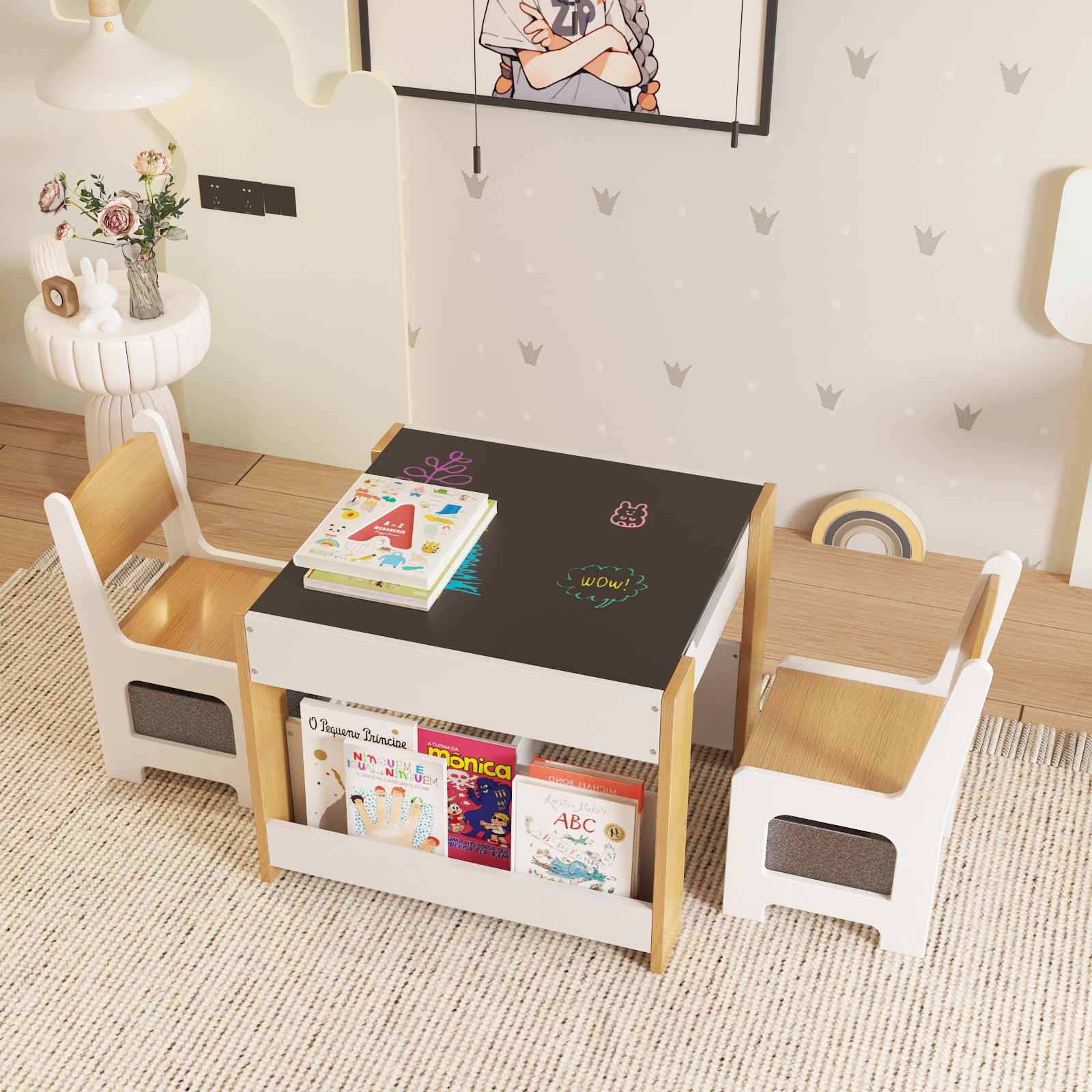 Ensemble table et chaises pour enfants Garvee 4 en 1, table d'activités avec rangement, bois, multifonctionnelle, sûre, pour chambre d'enfant