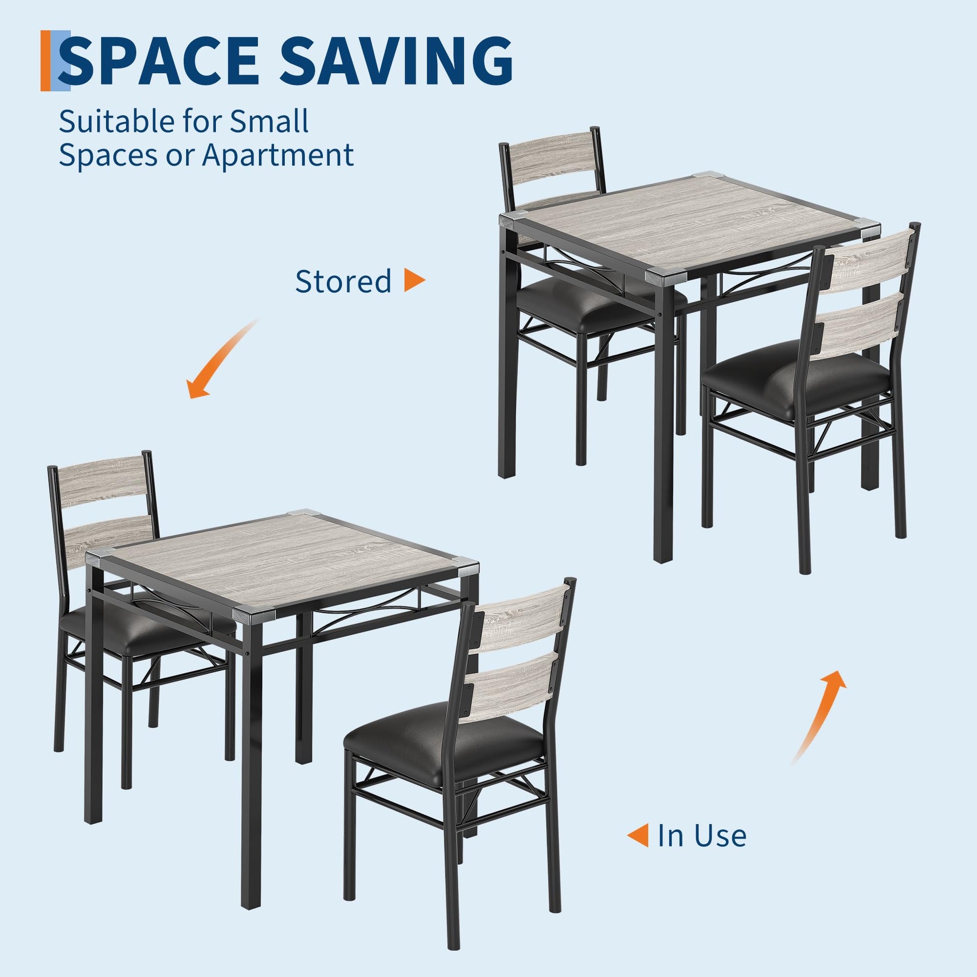Ensemble table et chaises Garvee pour 2 personnes avec chaises rembourrées, protections d'angle, ergonomique, en MDF, structure en acier, gris rétro, compact pour cuisine et appartement