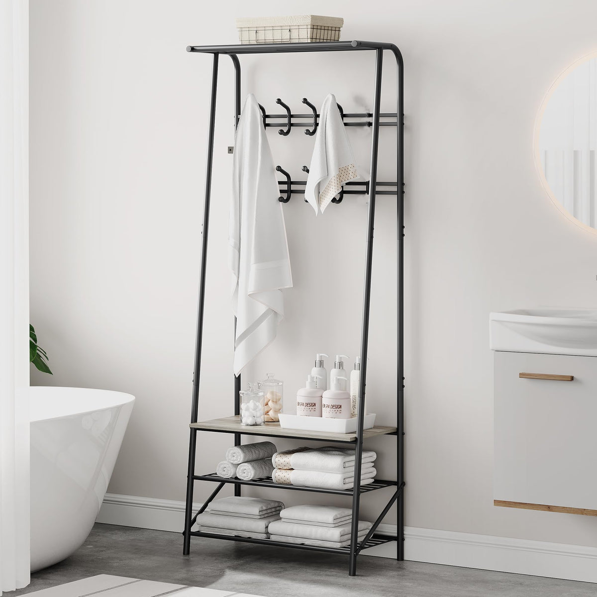Garvee Banc d'entrée multifonctionnel 4 en 1 – Avec 8 crochets, un porte-chaussures, une structure en métal aspect bois, robuste et pratique pour l'entrée et le couloir.