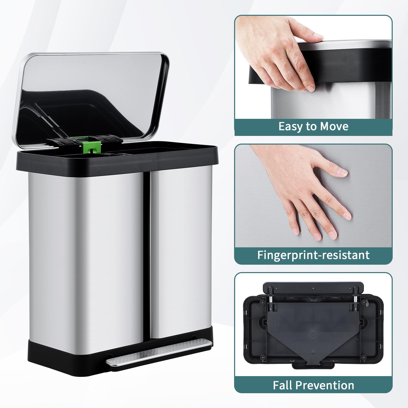 Poubelle de cuisine Garvee 2 x 36 L avec système de tri des déchets, en acier inoxydable, à pédale, double compartiment, sans contact et silencieuse, couleur argent.