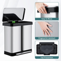 Poubelle de cuisine Garvee 2 x 36 L avec système de tri des déchets, en acier inoxydable, à pédale, double compartiment, sans contact et silencieuse, couleur argent.