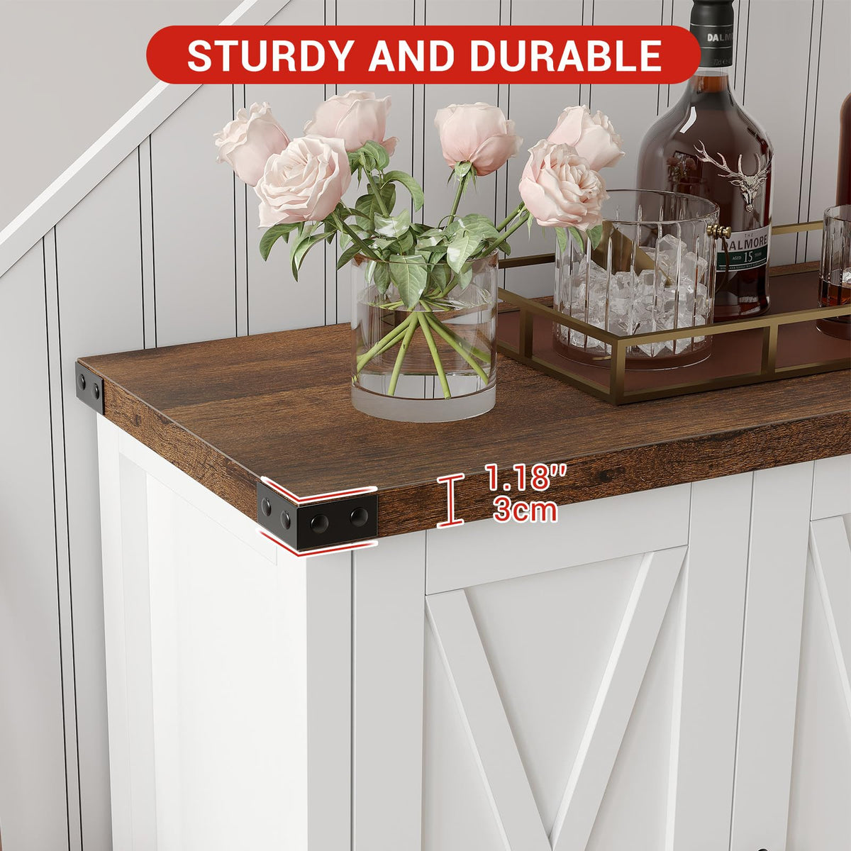 Garvee buffet de cuisine avec portes, étagère réglable, style campagnard, pour cuisine, salon, salle à manger, blanc et brun