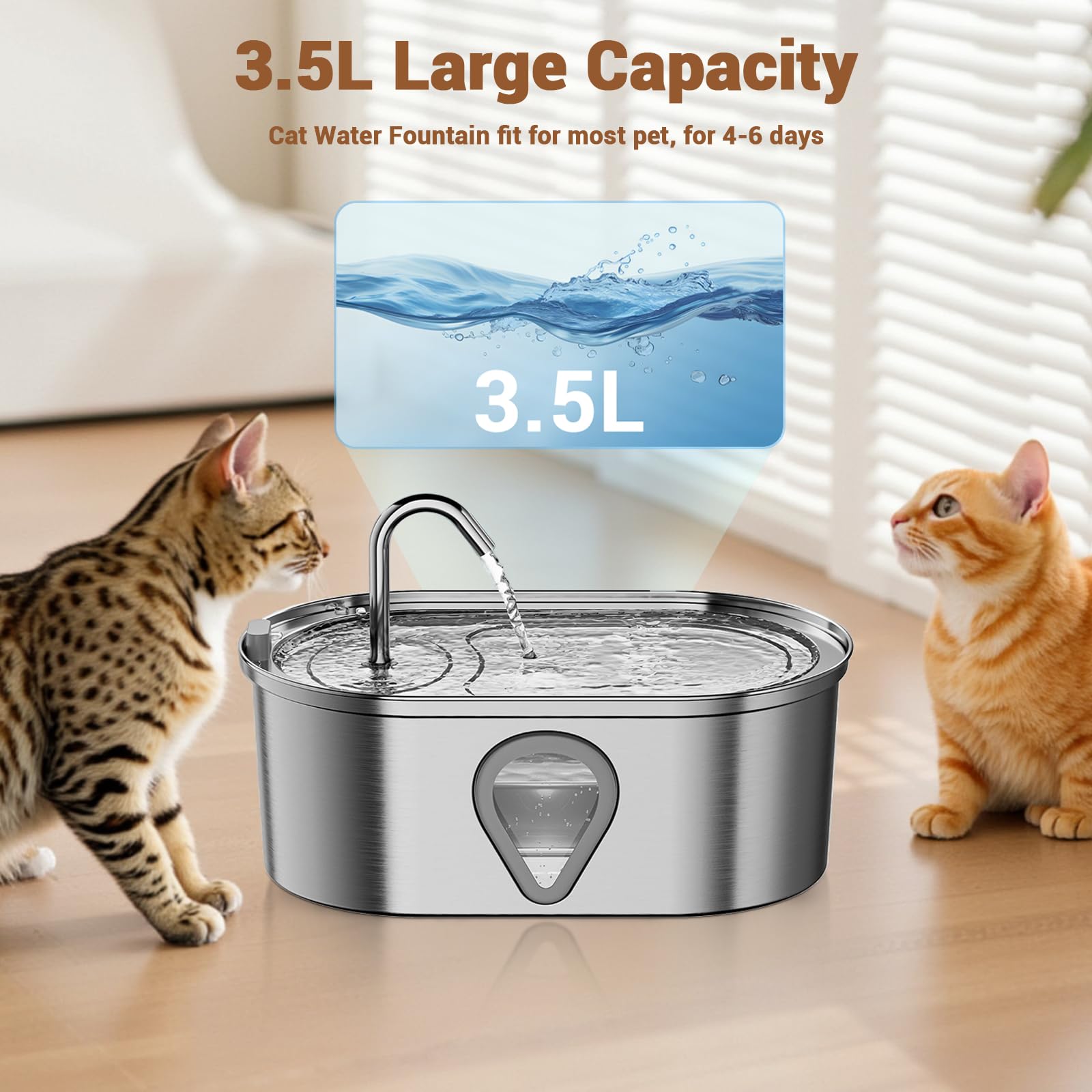Fontaine à eau Garvee pour chats et chiens, 3,5 L, en acier inoxydable, avec pompe silencieuse, filtre et fenêtre d'observation.