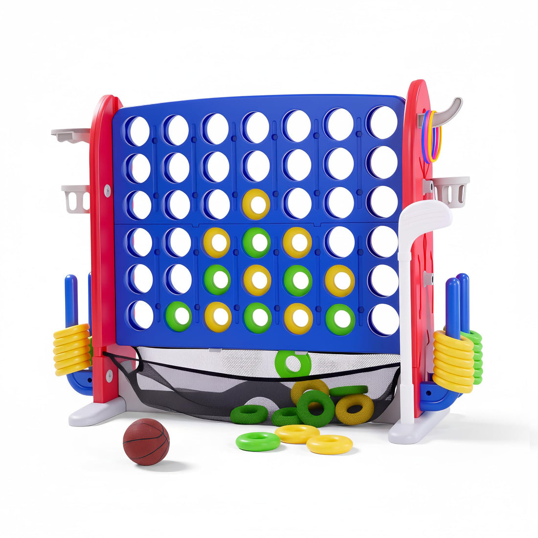 Système de jeu d'extérieur 3-en-1 Garvee Giant 4 Connect in a Row avec panier de basket et jeu de lancer d'anneaux, idéal pour les fêtes de famille, le jardin et la plage. Fabriqué en PE et PP, hauteur réglable et système de fixation rapide.