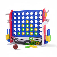 Système de jeu d'extérieur 3-en-1 Garvee Giant 4 Connect in a Row avec panier de basket et jeu de lancer d'anneaux, idéal pour les fêtes de famille, le jardin et la plage. Fabriqué en PE et PP, hauteur réglable et système de fixation rapide.