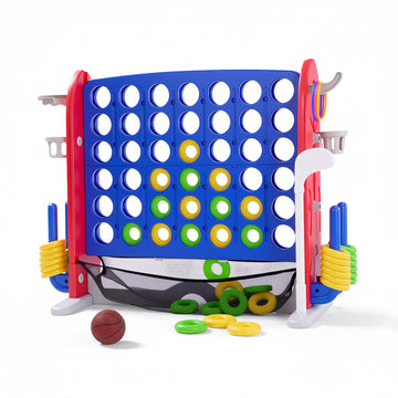Système de jeu d'extérieur 3-en-1 Garvee Giant 4 Connect in a Row avec panier de basket et jeu de lancer d'anneaux, idéal pour les fêtes de famille, le jardin et la plage. Fabriqué en PE et PP, hauteur réglable et système de fixation rapide.