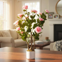 Ensemble de 2 camélias artificiels Garvee avec fleurs roses de 76 cm (30 po) dans un pot blanc moucheté, pour la maison et le bureau.