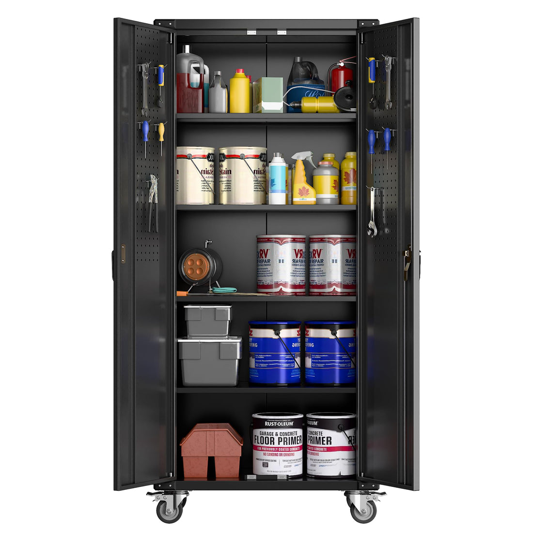Garvee Armoire roulante verrouillable 182,9 cm, 2 portes, 4 étagères réglables, acier, porte à panneaux perforés, atelier mobile robuste, noire