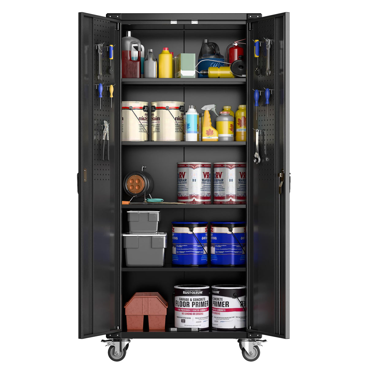 Garvee armoire d’atelier mobile 183 cm en acier noir, 2 portes, 4 étagères réglables et panneaux perforés