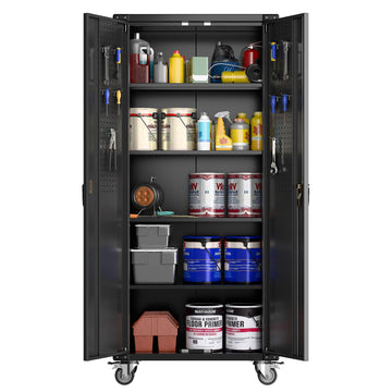Garvee armoire d’atelier mobile 183 cm en acier noir, 2 portes, 4 étagères réglables et panneaux perforés