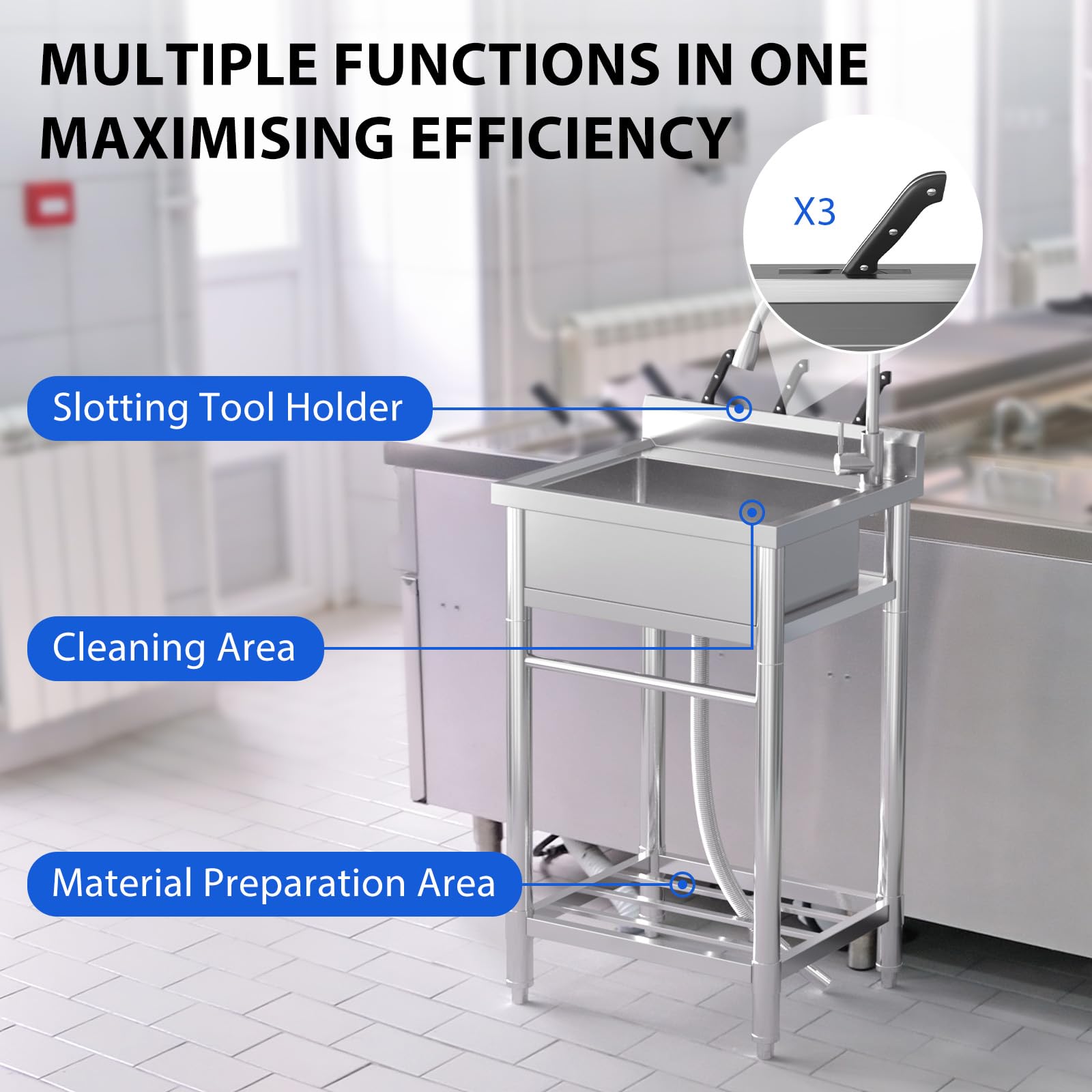 Garvee Évier sur Pied Inox 304 61 × 51 × 104 cm, Bac Unique avec Robinet Eau Chaude/Froide, Vidange Rapide, pour Cuisine et Usage Pro