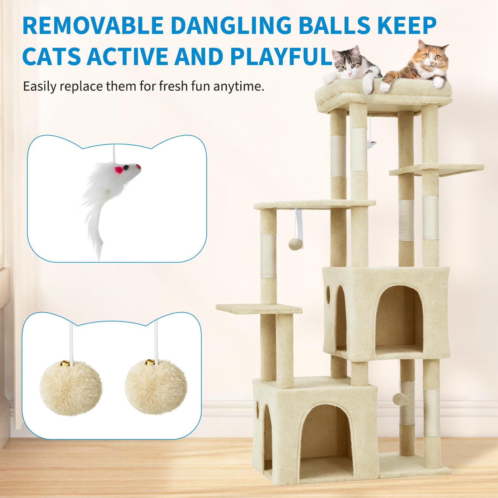 Garvee Tour pour Chat 155 cm Multi-Niveaux pour Grands Chats, Grande Plateforme Beige, Usage Intérieur