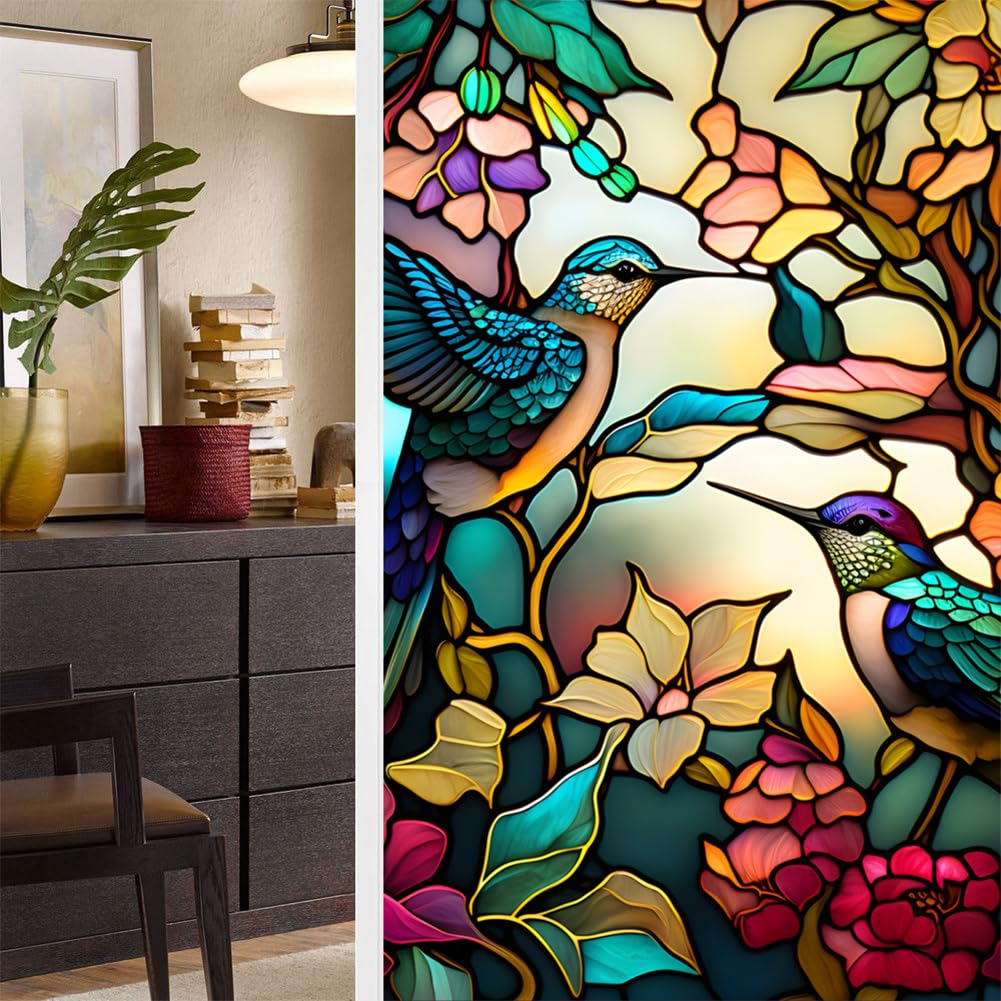 Film adhésif statique en PVC Garvee Retro, motif colibri et fleurs, protection UV, 45 x 100 cm, pour la décoration de douches et de fenêtres.