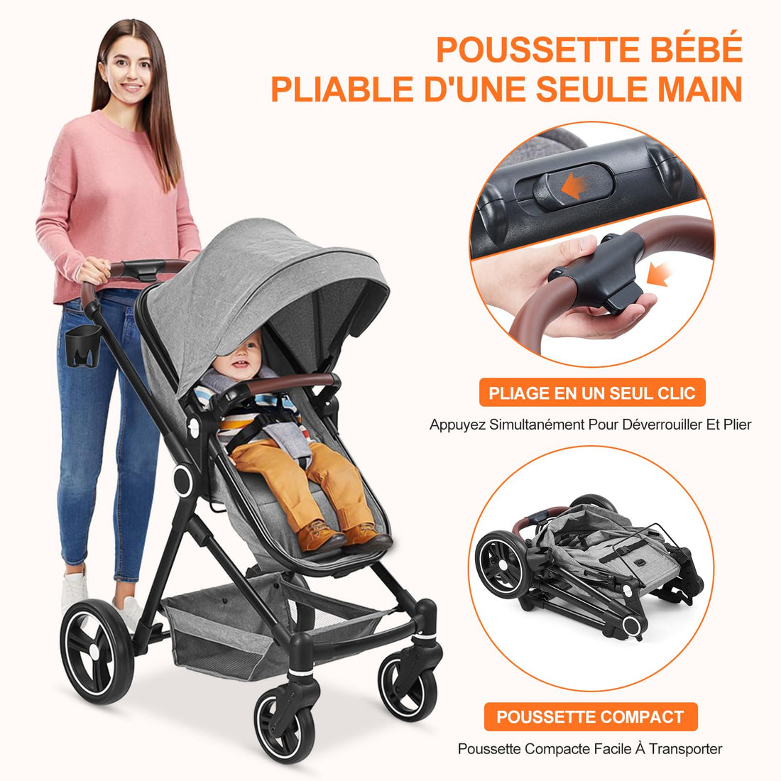 Garvee Poussette Bébé 2 en 1 S600, Assise Haute Vision, Système de Voyage Compact et Léger, Réversible, Pliable, Gris Clair