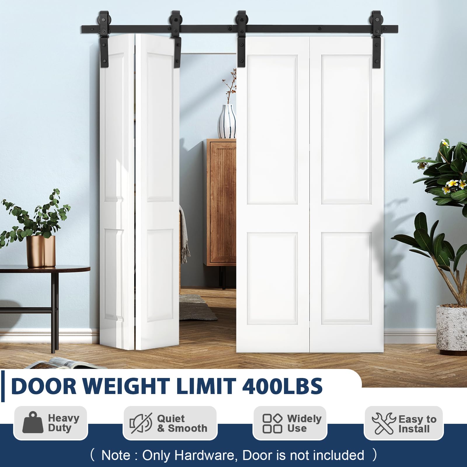 Ensemble de quincaillerie Garvee pour portes coulissantes pliantes de 52 po (132 cm) pour 4 portes, acier robuste, silencieux et fluide, gain de place, portes de 12 po (30,5 cm), noir, salon et salle à manger
