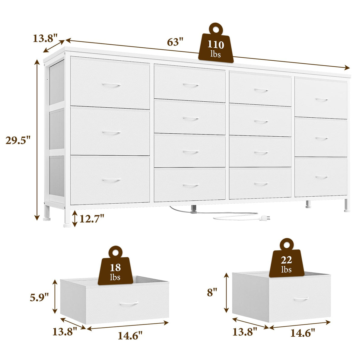 Garvee Meuble TV blanc 160 cm avec 14 tiroirs, prises électriques, pour chambre et salon, en tissu et bois, durable et anti-basculement