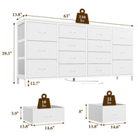 Garvee Meuble TV blanc 160 cm avec 14 tiroirs, prises électriques, pour chambre et salon, en tissu et bois, durable et anti-basculement