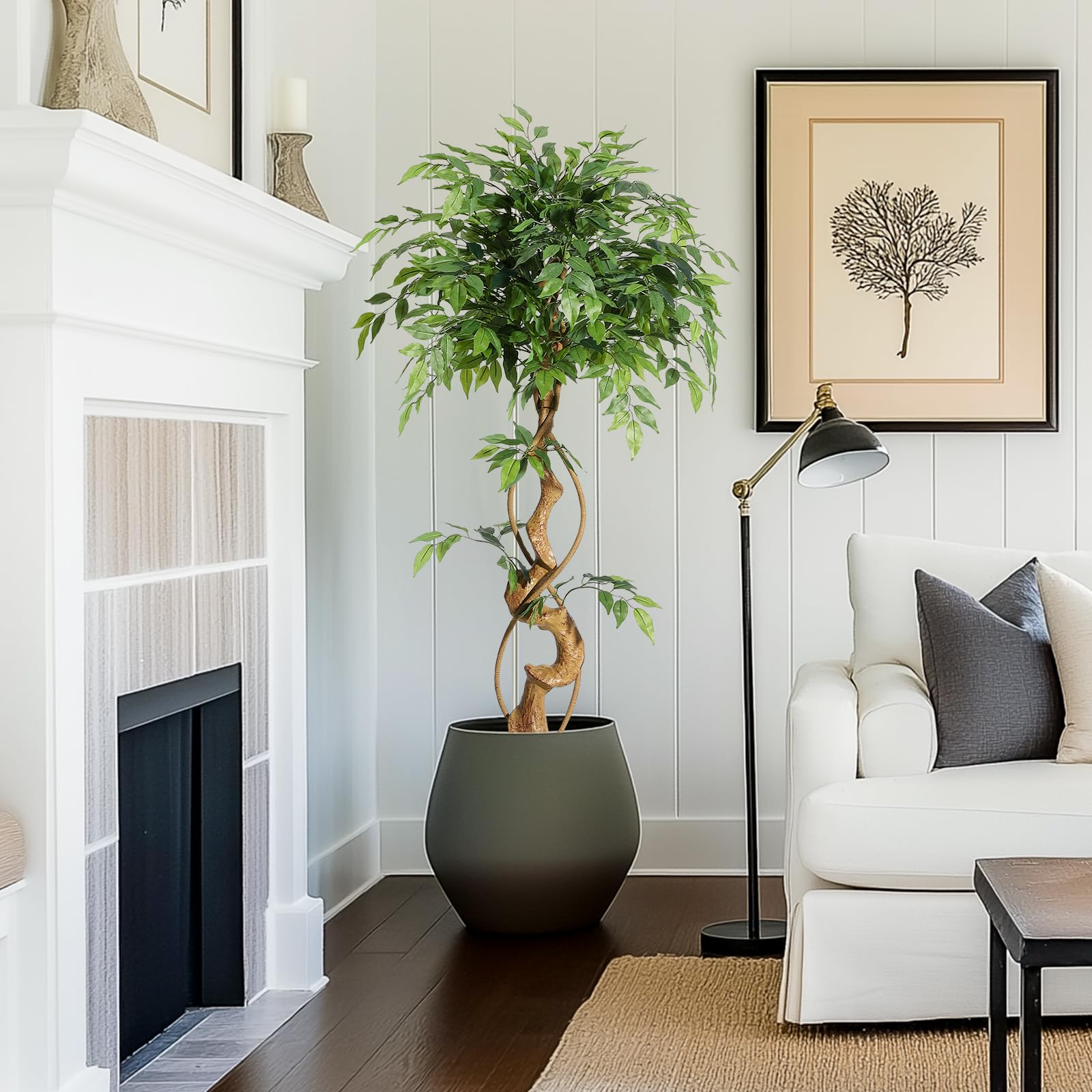 Ficus artificiel Garvee de 120 cm avec tronc courbé, plus de 756 feuilles en soie, pot blanc, branches ajustables pour la décoration de la maison et du bureau