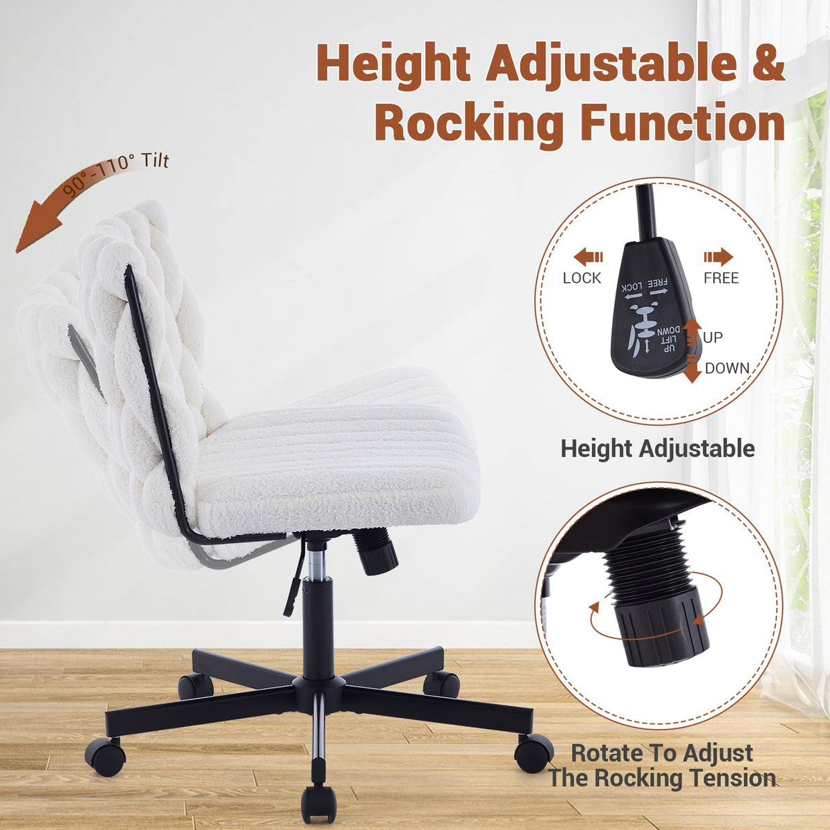 Garvee chaise de bureau criss cross à roulettes, assise large, sans accoudoirs, pivotante, structure en métal, pour ordinateur et coiffeuse, 66 cm, noire