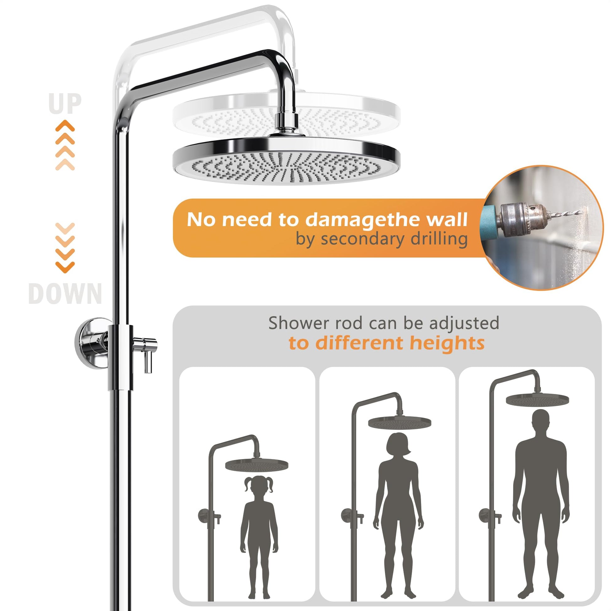 Garvee Colonne de douche réglable 98–130 cm en acier inoxydable 201, pommeau 25 cm, douchette 3 jets, tablette 27 cm, installation facile, chrome et blanc
