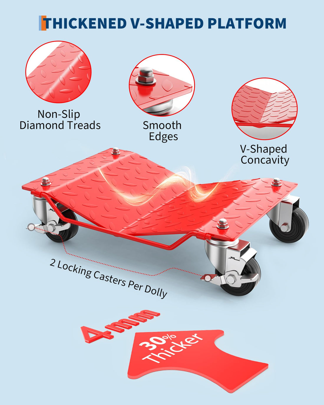 Garvee ensemble de chariots pour roues de voiture, 2 pièces, charge 1361 kg, plateforme en v, acier, 4 roulettes pivotantes, pour voitures et motos, Rouge