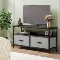 Garvee Meuble TV 99 cm pour téléviseurs jusqu'à 127 cm avec 2 tiroirs en tissu et une étagère ouverte, pour salon et chambre, structure en métal noir, plateau en bois, pieds réglables