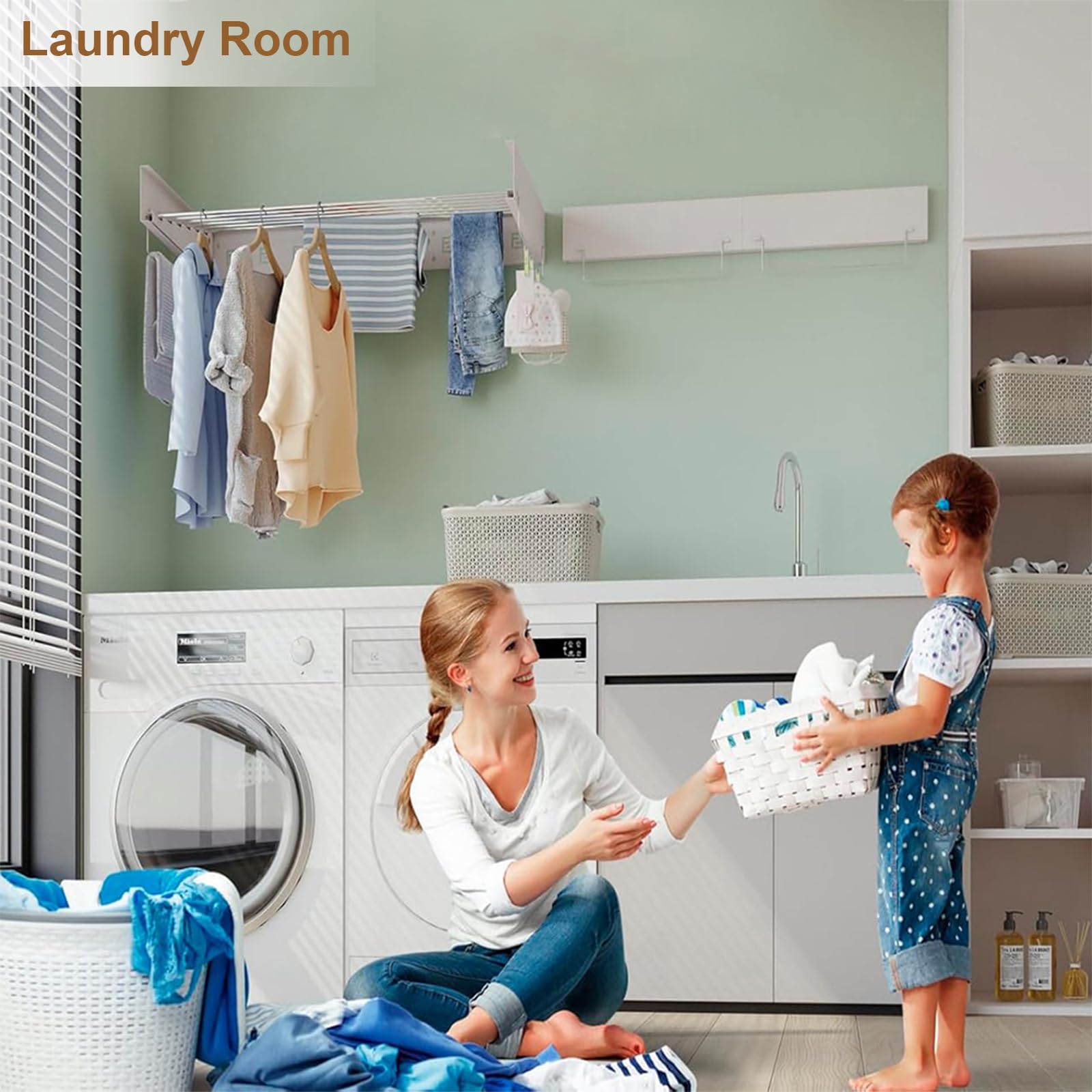 Étendoir mural pliable Garvee avec 5 barres en aluminium, 80 cm de large, blanc, pour salle de bain et buanderie, gain de place