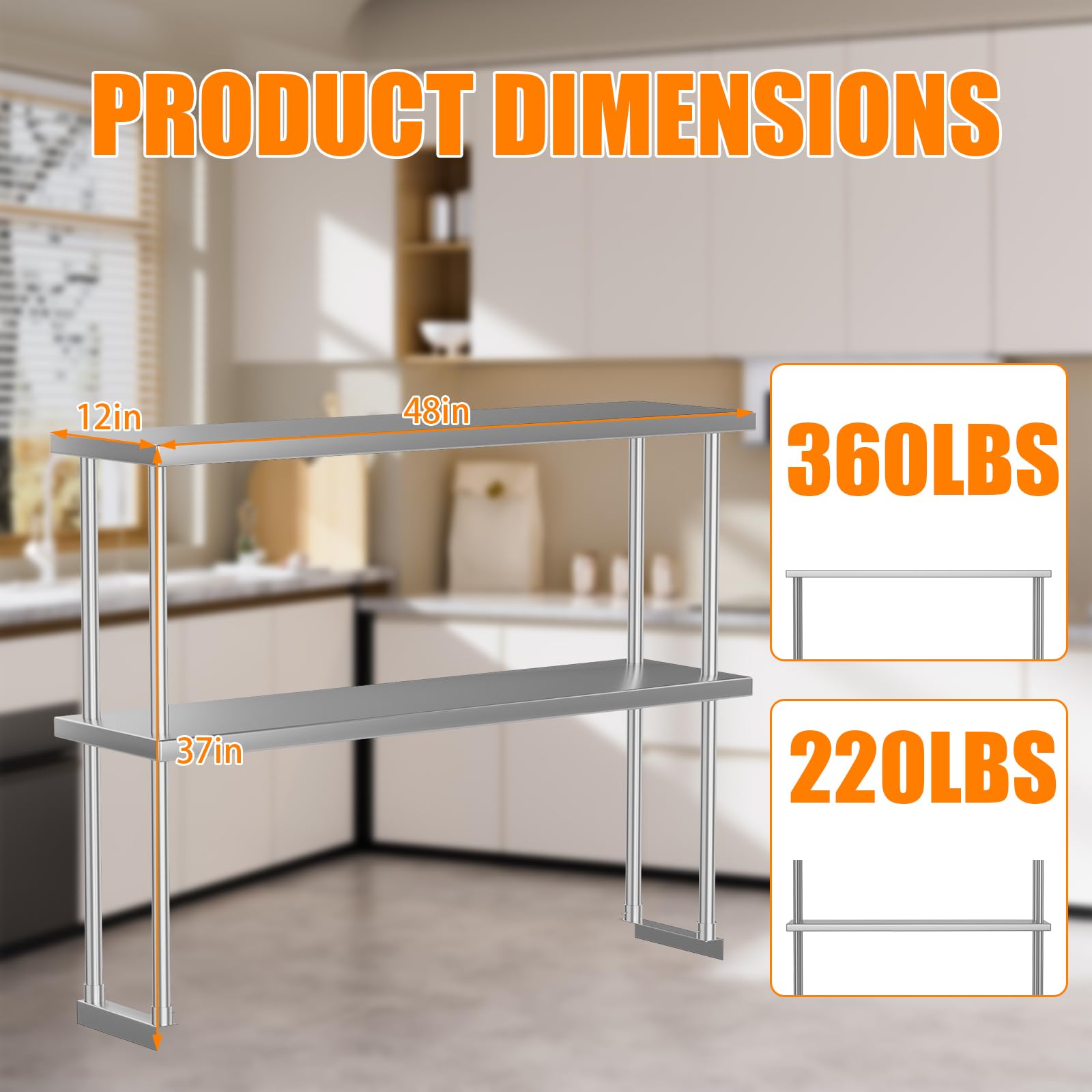 Étagère double supérieure Garvee en acier inoxydable 12 x 48 pouces, réglable, à 2 niveaux, pour cuisine et atelier, résistante à la rouille et robuste.