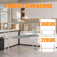 Étagère double supérieure Garvee en acier inoxydable 12 x 48 pouces, réglable, à 2 niveaux, pour cuisine et atelier, résistante à la rouille et robuste.