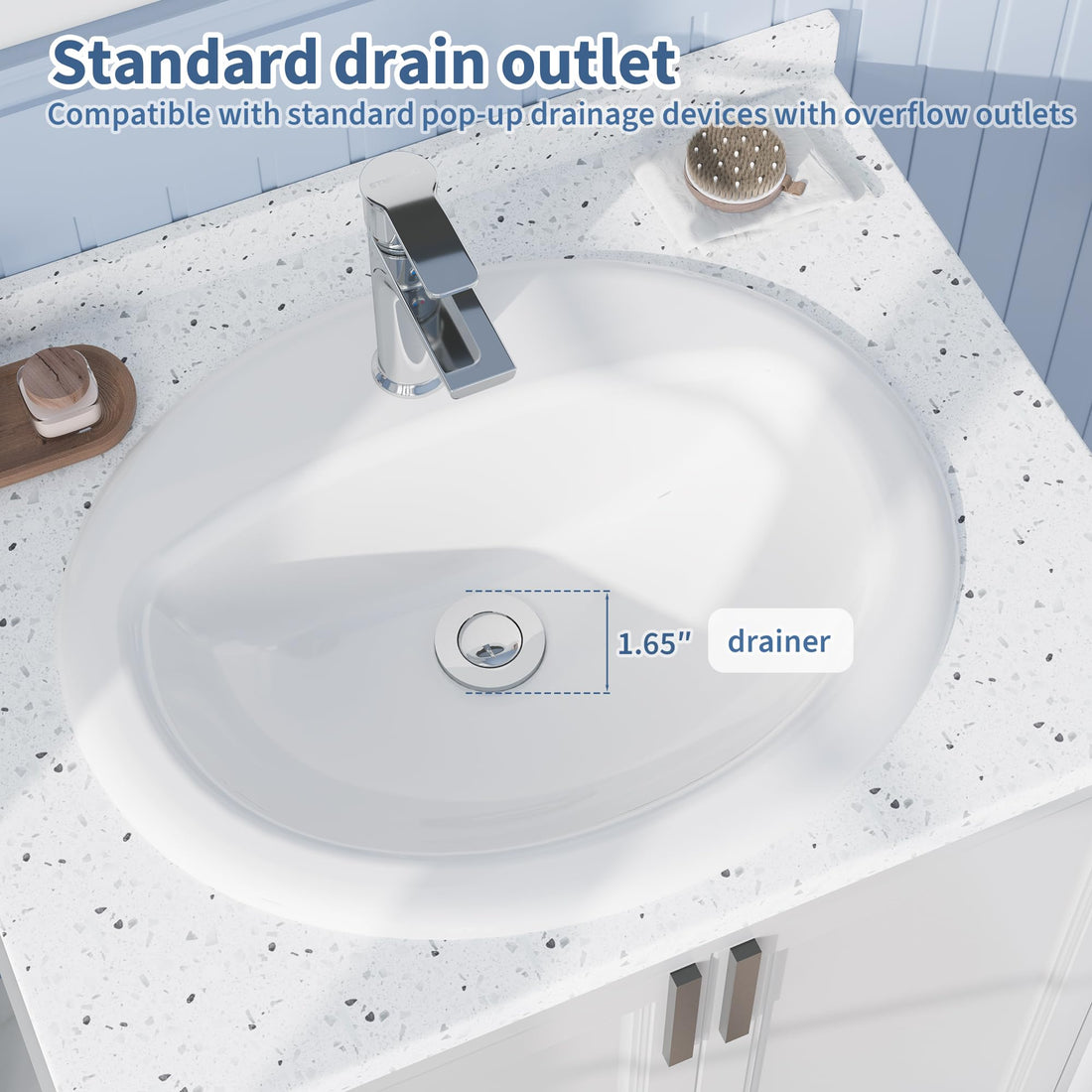 Lavabo ovale encastré Garvee 51 x 43 cm (20 x 17 pouces) en céramique blanche résistante aux rayures, idéal pour les petites salles de bain.