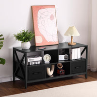 Meuble TV Garvee pour téléviseurs jusqu'à 50 pouces, avec 2 tiroirs en tissu et des étagères ouvertes, structure en acier, design moderne, noir, polyvalent.