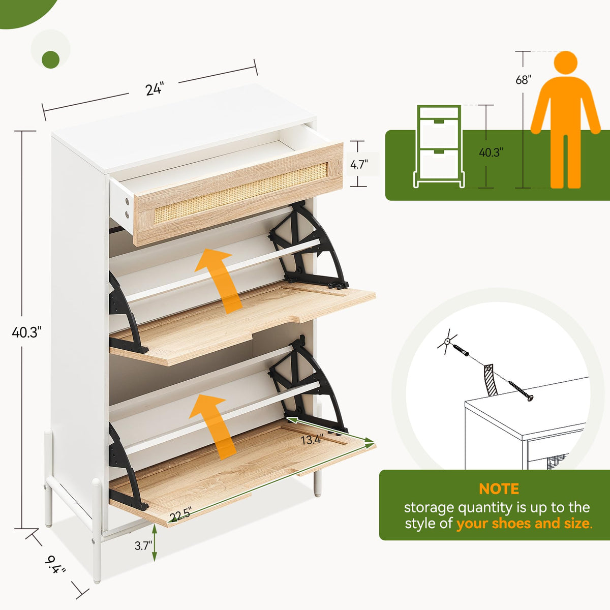 Meuble à chaussures Garvee en rotin avec 3 tiroirs et étagères réglables, idéal pour l'entrée ou le couloir. Structure en MDF et rotin, design fin et stable, coloris naturel.