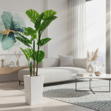 Plante Monstera artificielle Garvee de 1,37 m avec pot blanc pour intérieur et extérieur, branches ajustables, polyester et plastique, entretien facile, vert hyperréaliste