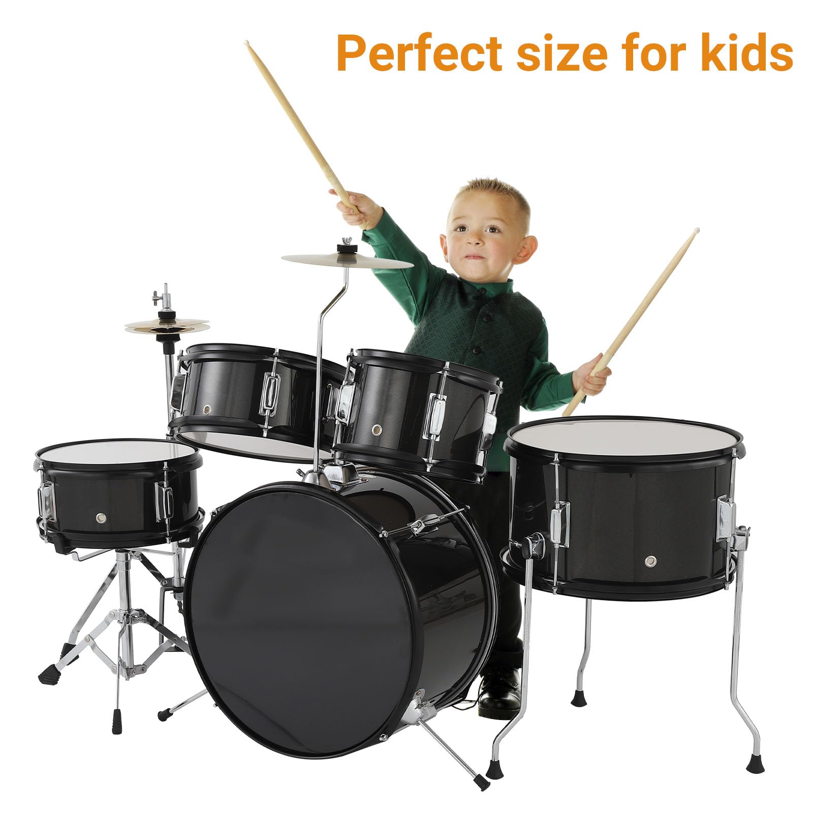 Batterie Garvee 5 pièces pour enfants avec grosse caisse, caisse claire et charleston, 74 cm (29 pouces), noire
