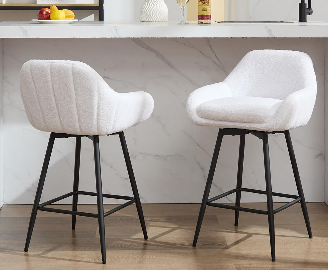 Tabourets de bar pivotants modernes Garvee, lot de 2, revêtement en tissu sherpa et pieds en métal, 66 cm (26 pouces), noirs